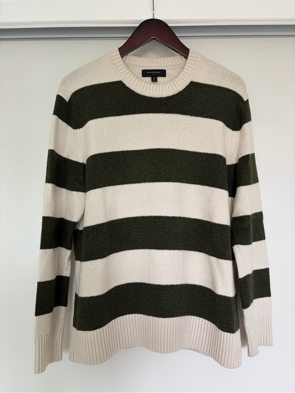 Banana Republic Men's Wide Stripe Crewneck Sweater in Cream and Olive
